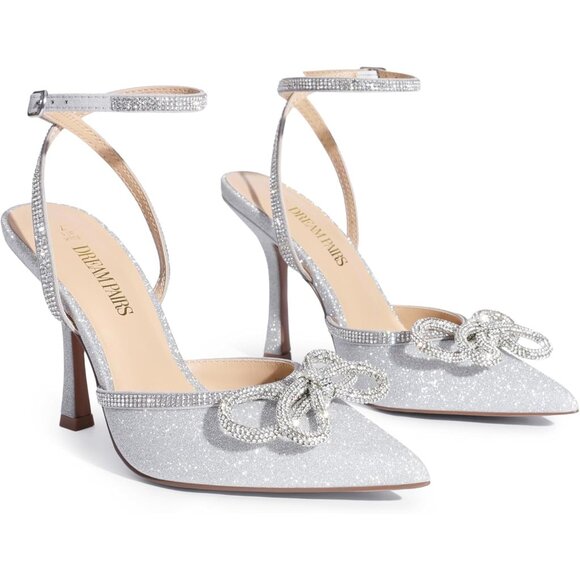 🆕 Women Silver Ankle Strap Sparkly Bow Shine Star Wrap-Around High-Heel Pumps - Picture 8 of 8